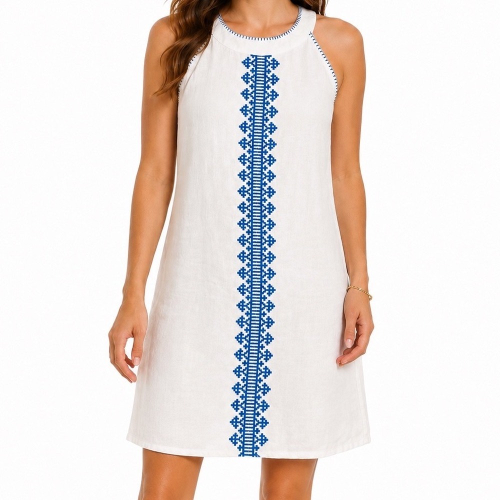 Lucky Brand White Blue Embroidered Mini Dress Linen Blend Size M Coastal Calm